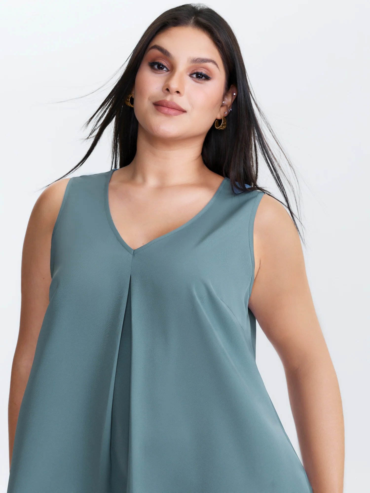 Pleated V-Neck Flowy Plain Blouse - Image 2