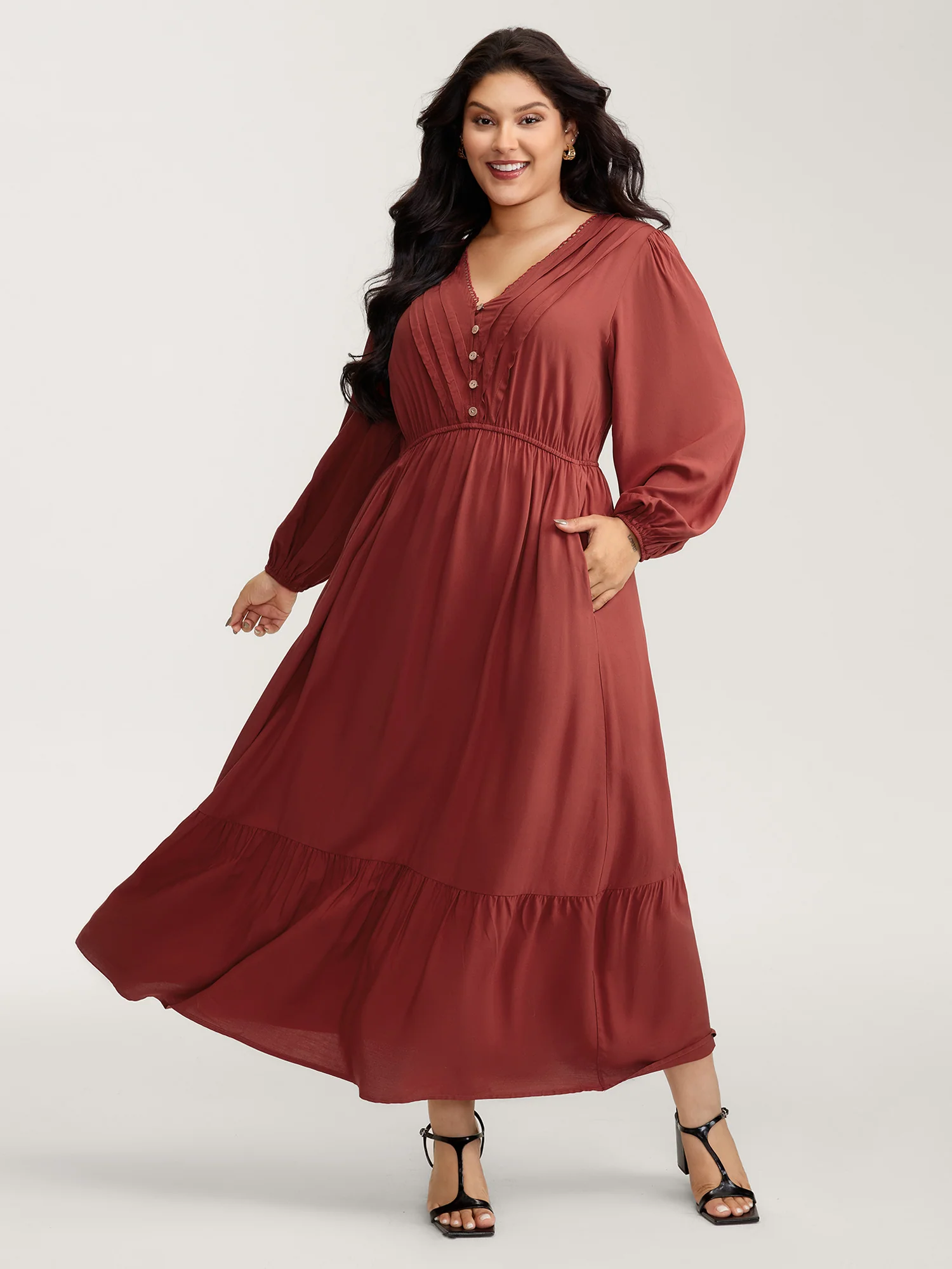 Pleated V-Neckline Tiered Maxi Dress