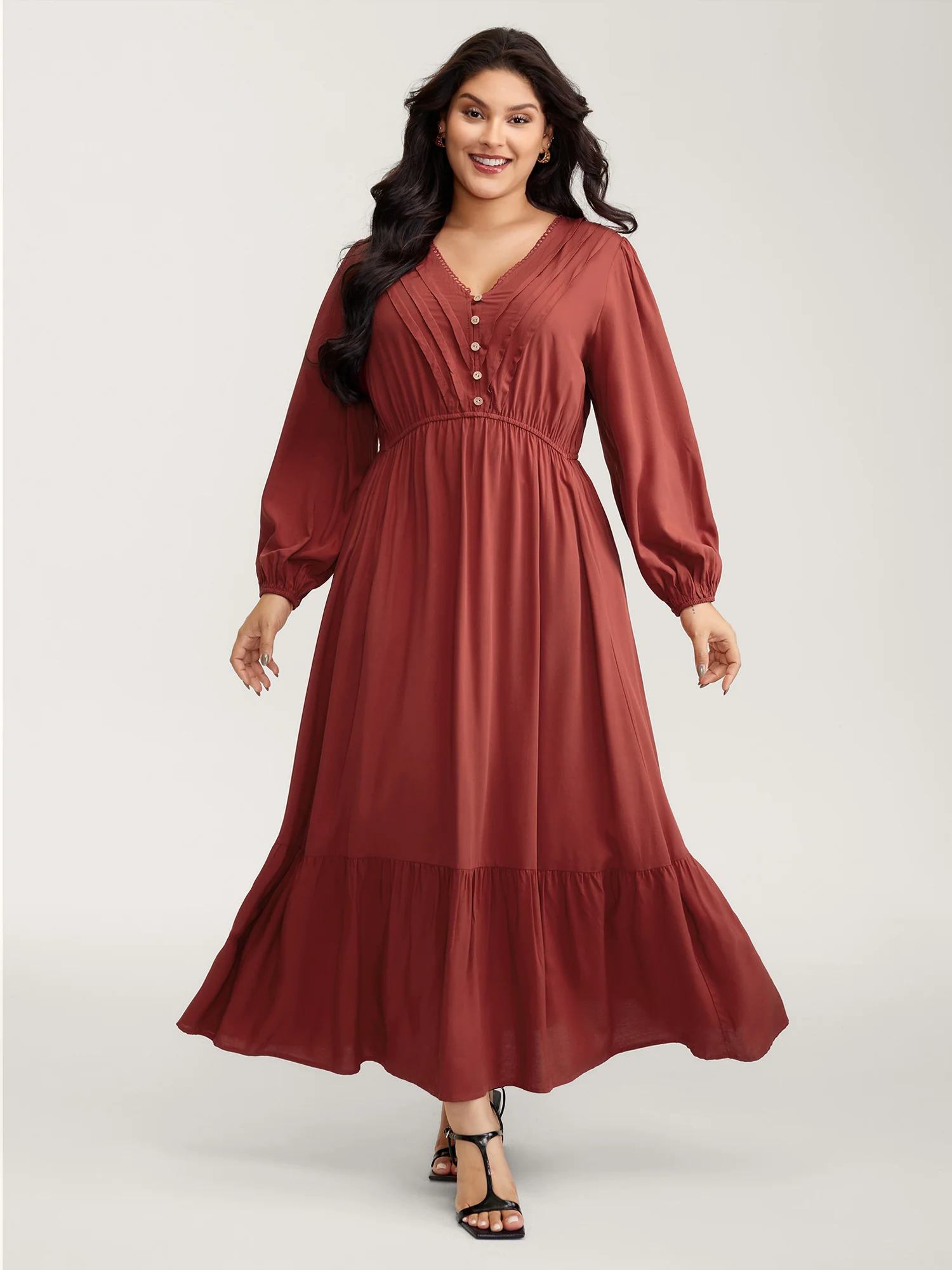 Pleated V-Neckline Tiered Maxi Dress - Image 3