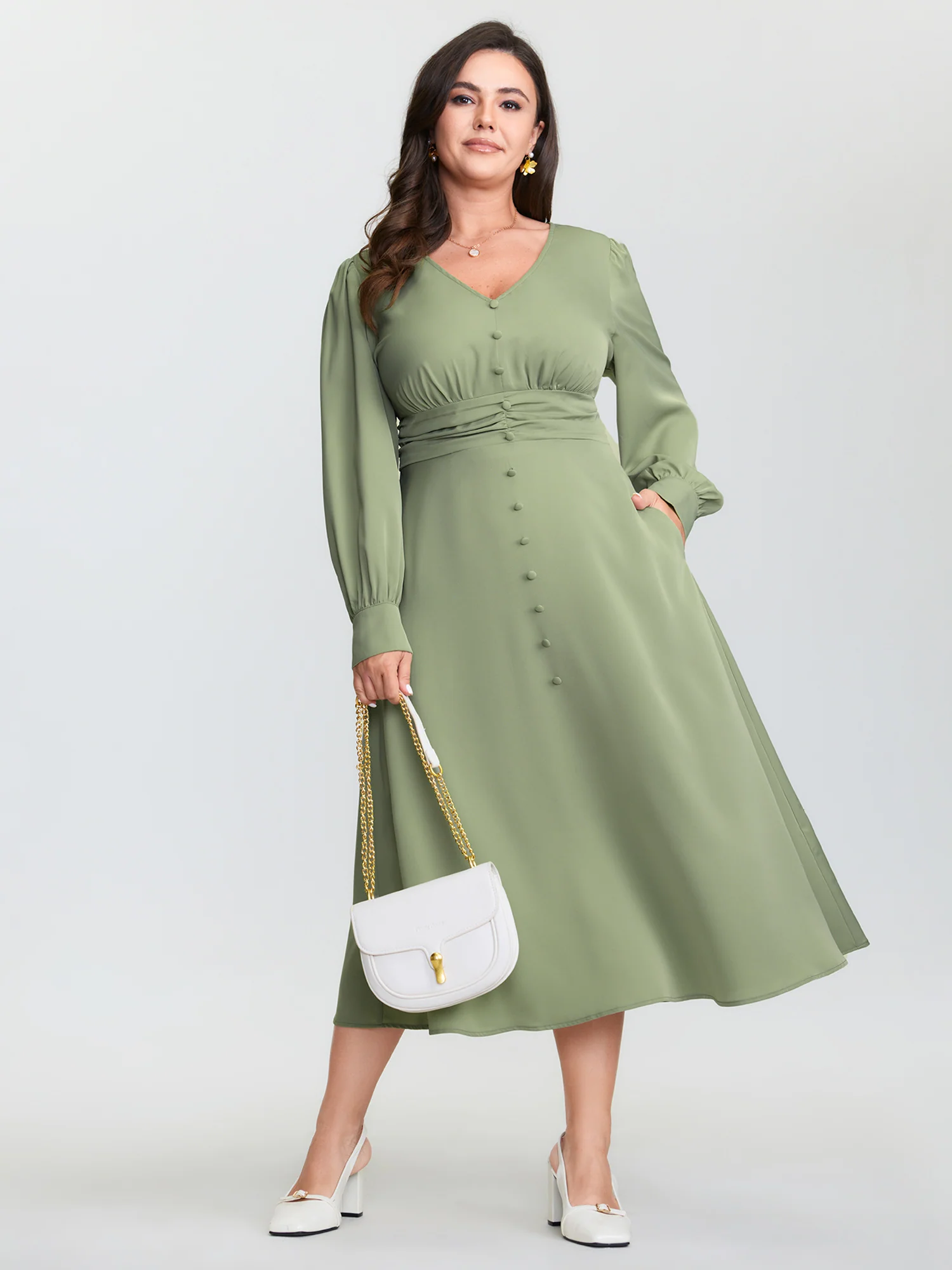 Pleated Waist Deep V-Neck Midi Dress - Image 3