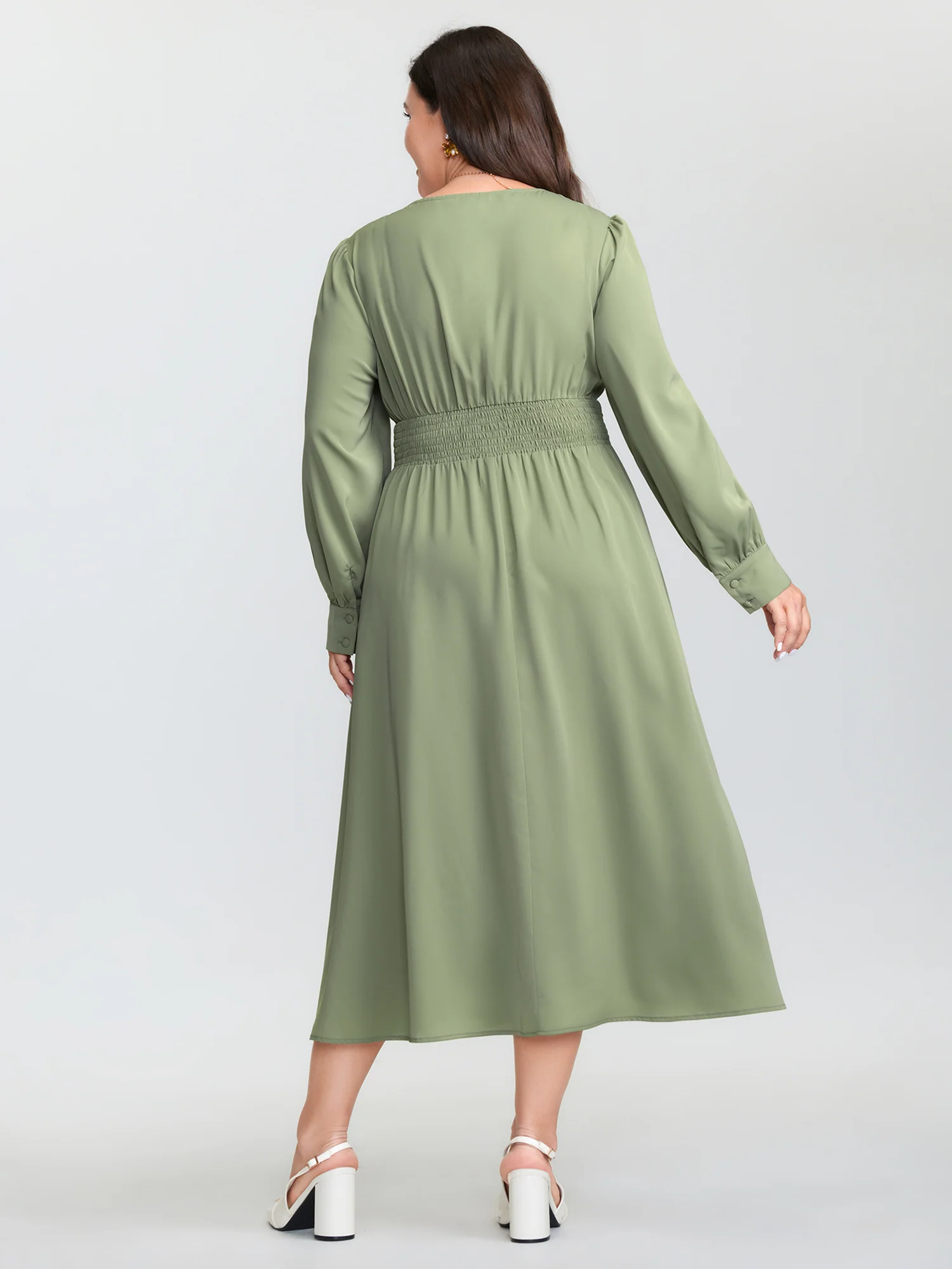 Pleated Waist Deep V-Neck Midi Dress - Image 5
