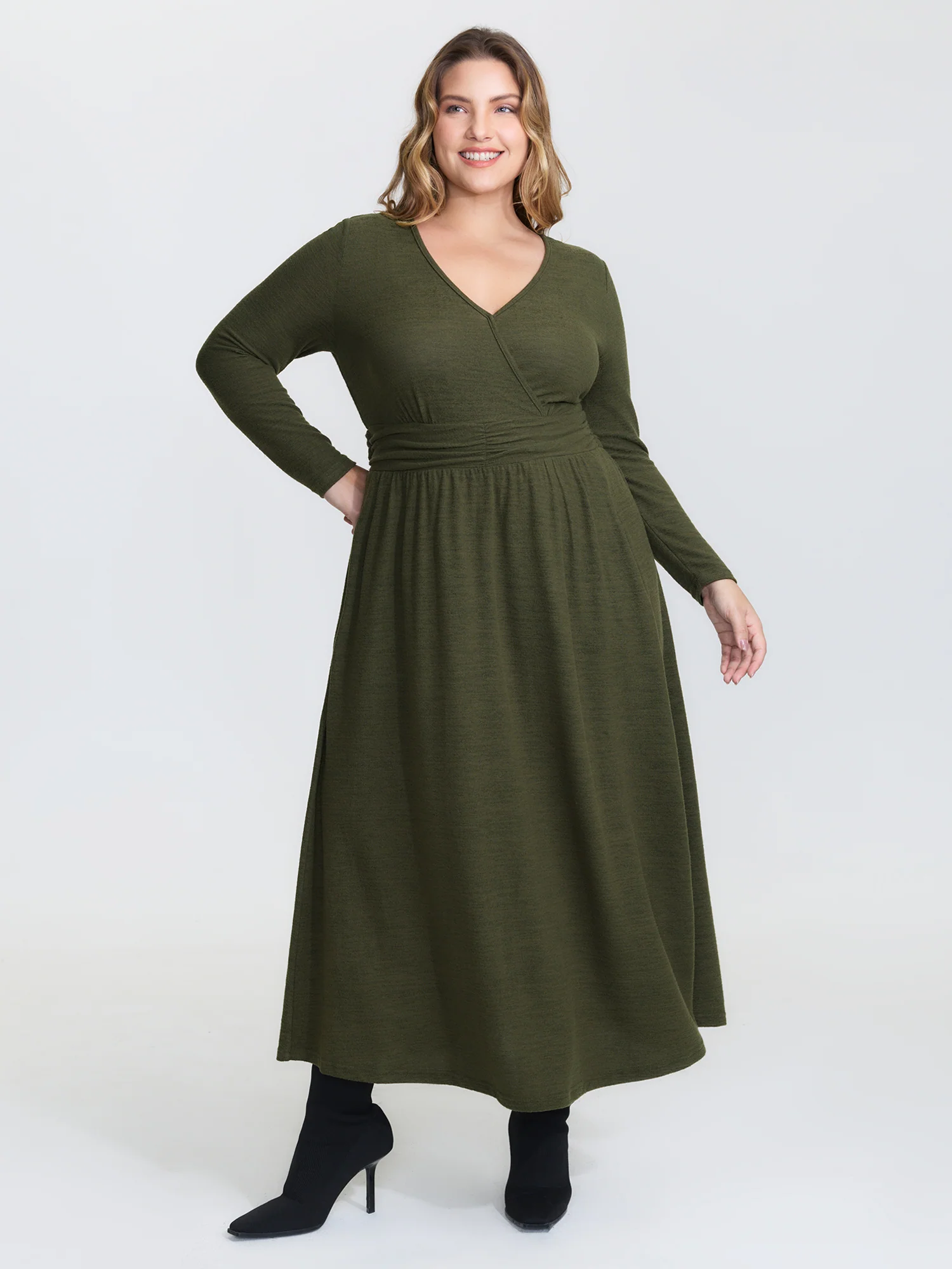 Pleated Waist Wrap Neckline Knit Maxi Dress - Image 2