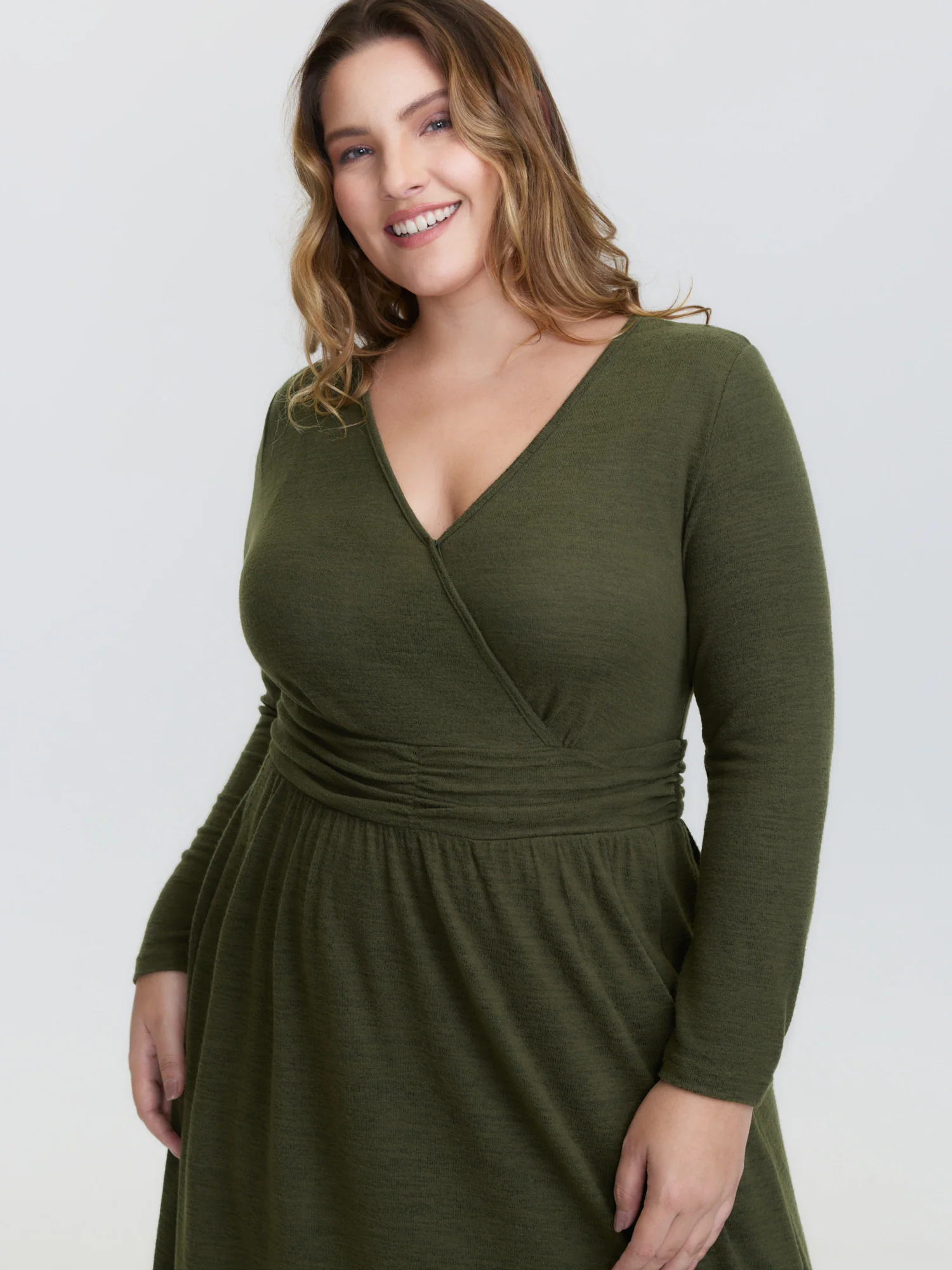 Pleated Waist Wrap Neckline Knit Maxi Dress - Image 3