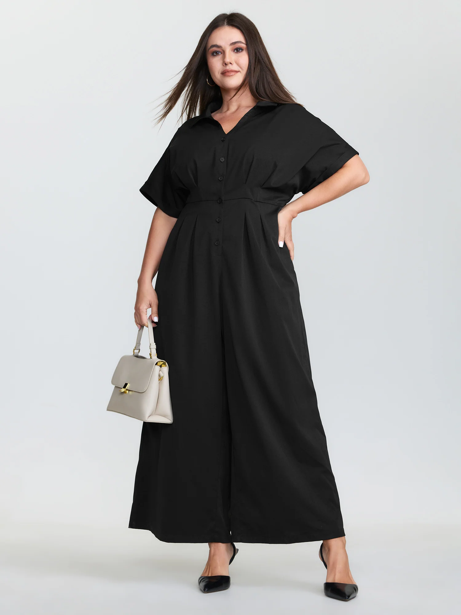 Pleated Waistband Button Detail Pocket Jumpsuit - Image 3