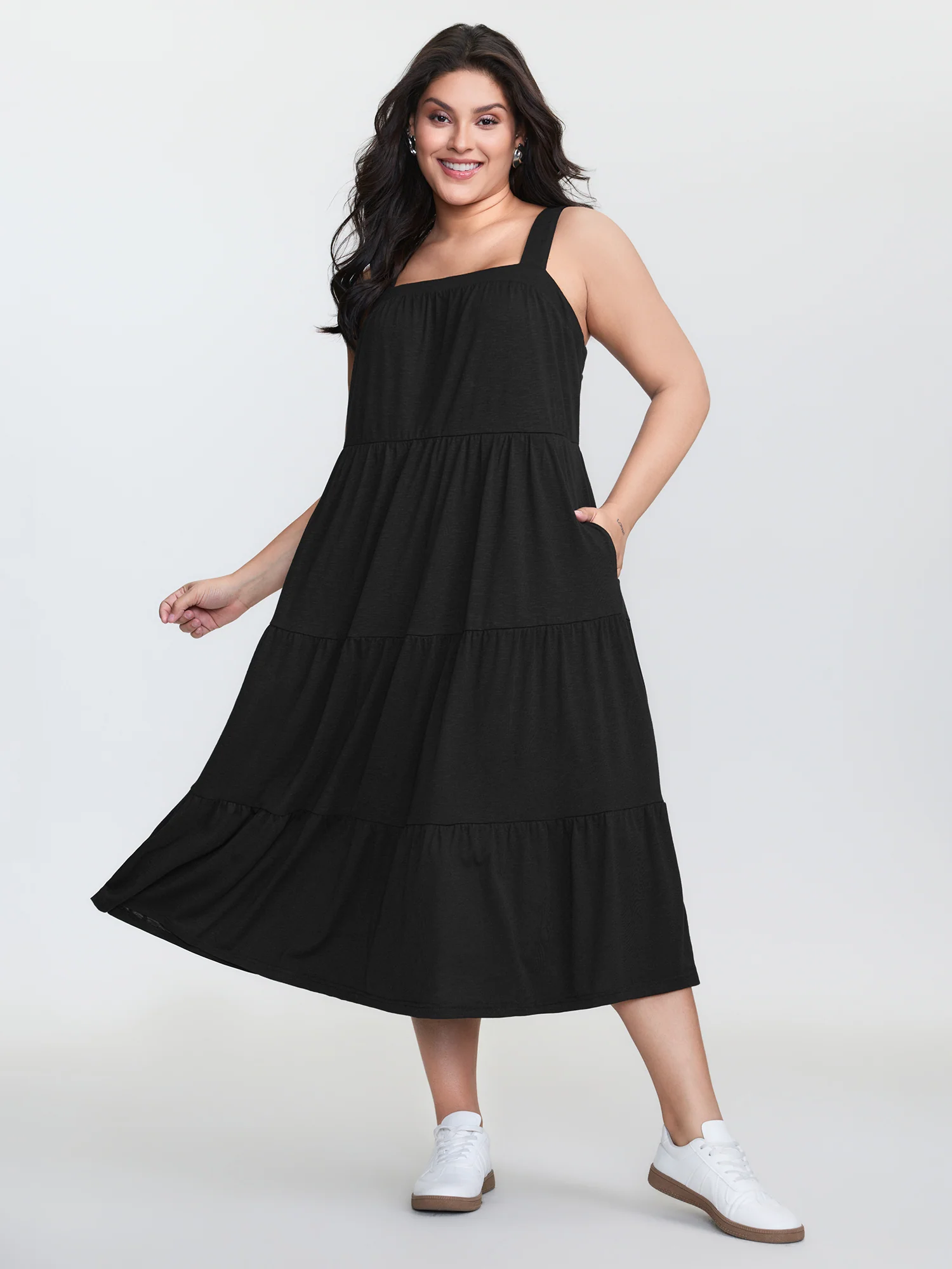 Pleated Wide-Straps Plain Midi Dress - Image 2