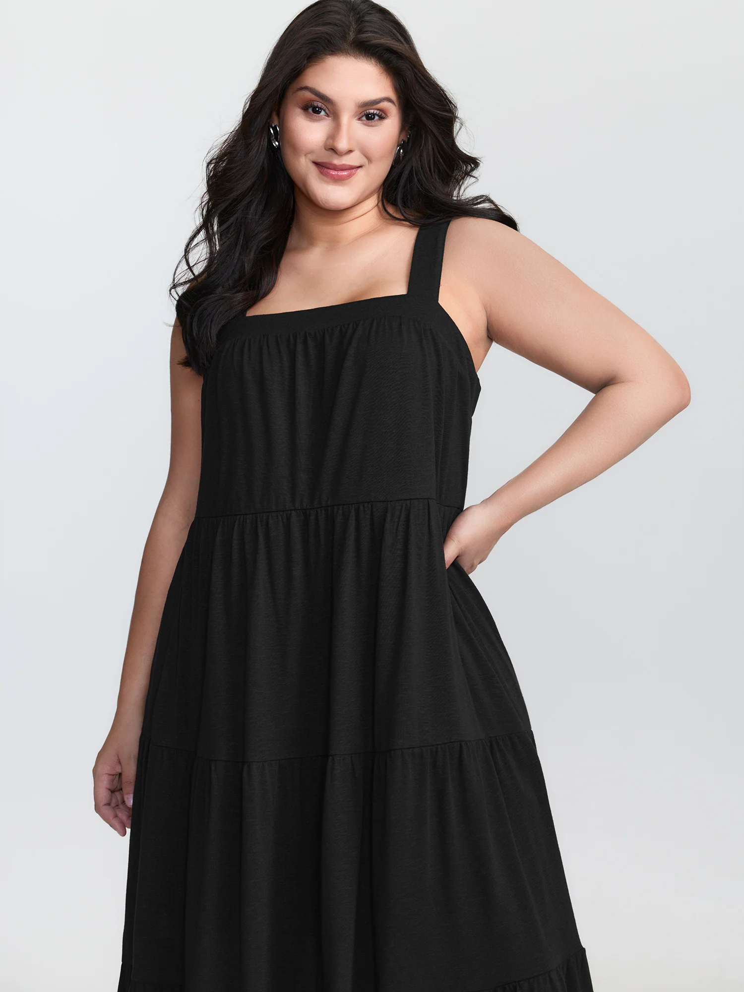 Pleated Wide-Straps Plain Midi Dress - Image 3