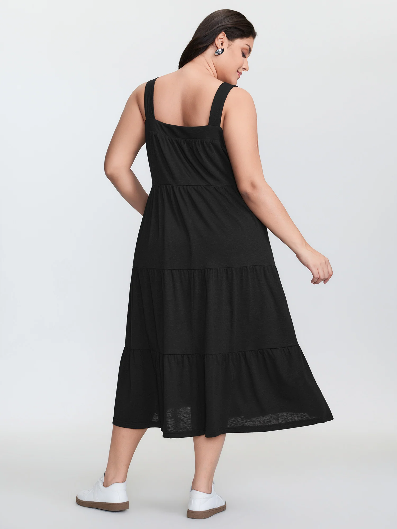 Pleated Wide-Straps Plain Midi Dress - Image 4