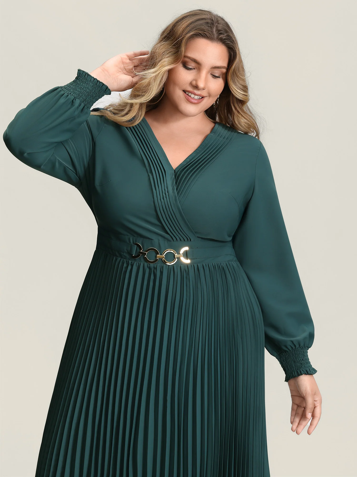 Pleated Wrap Neckline Shirred Waist Midi Dress - Image 2