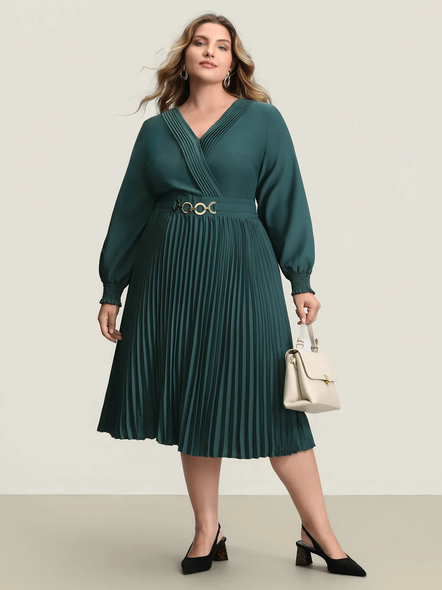 Pleated Wrap Neckline Shirred Waist Midi Dress - Image 3