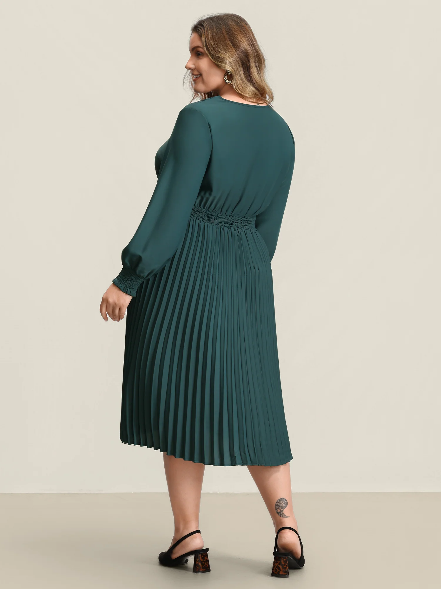 Pleated Wrap Neckline Shirred Waist Midi Dress - Image 4