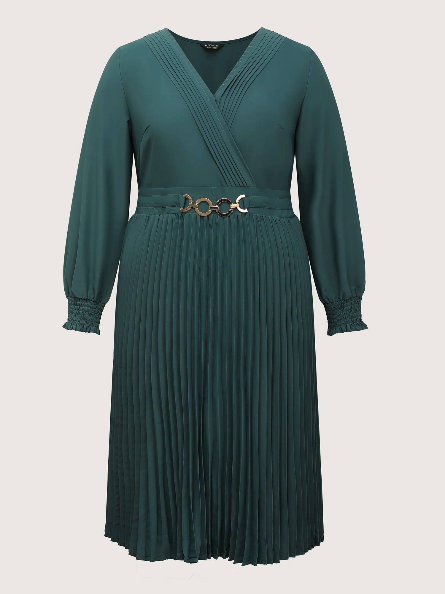 Pleated Wrap Neckline Shirred Waist Midi Dress - Image 8