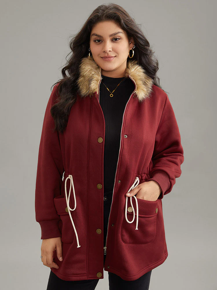 Plian Drawstring Zipper Fuzzy Trim Hooded Coat - Image 2