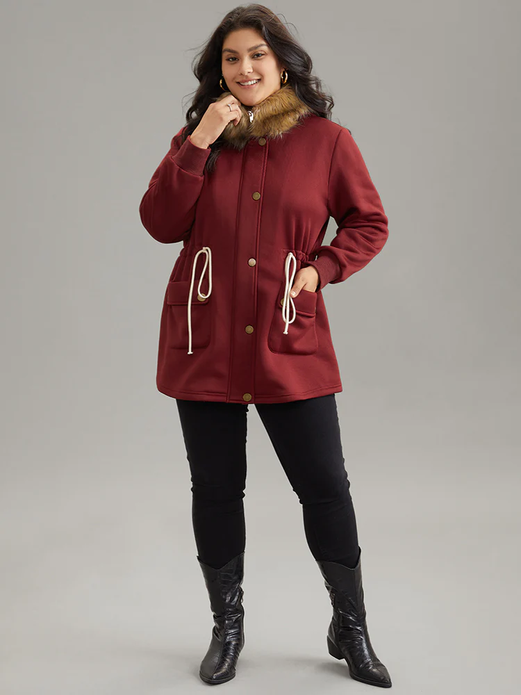Plian Drawstring Zipper Fuzzy Trim Hooded Coat - Image 3