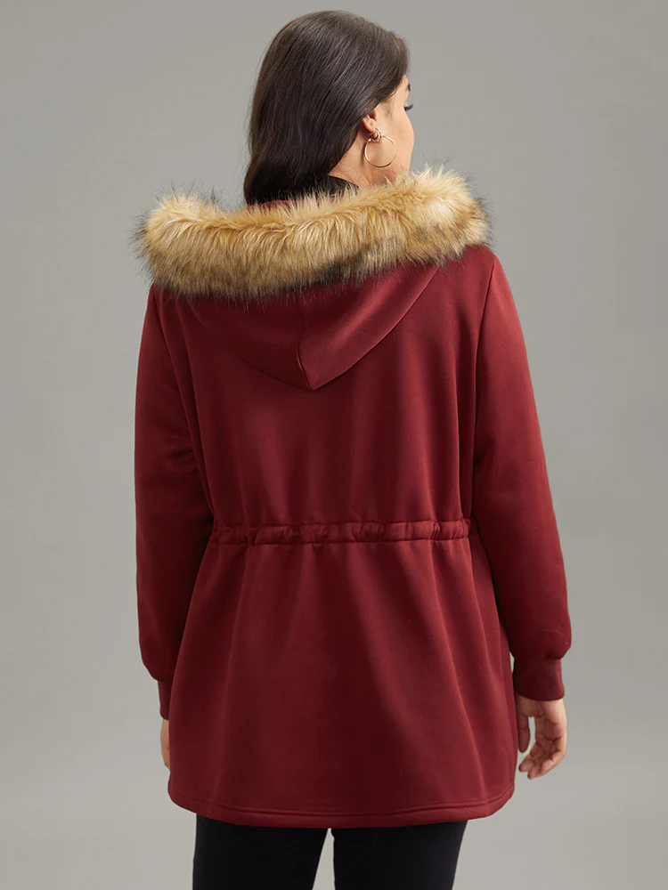 Plian Drawstring Zipper Fuzzy Trim Hooded Coat - Image 4