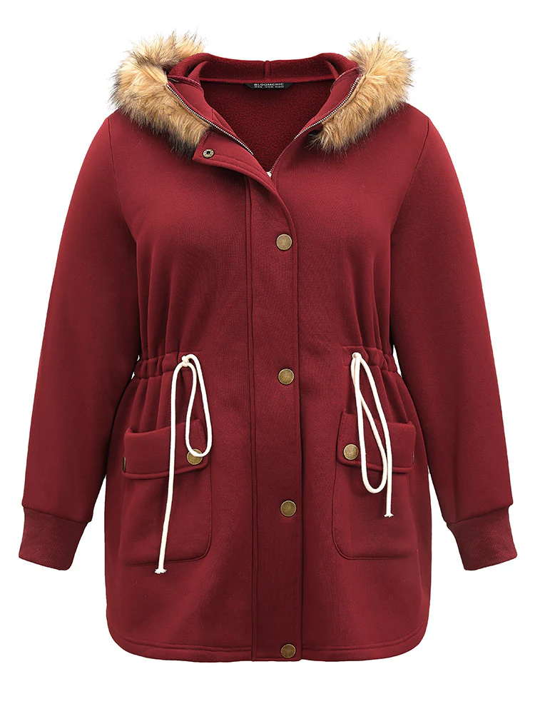 Plian Drawstring Zipper Fuzzy Trim Hooded Coat - Image 5