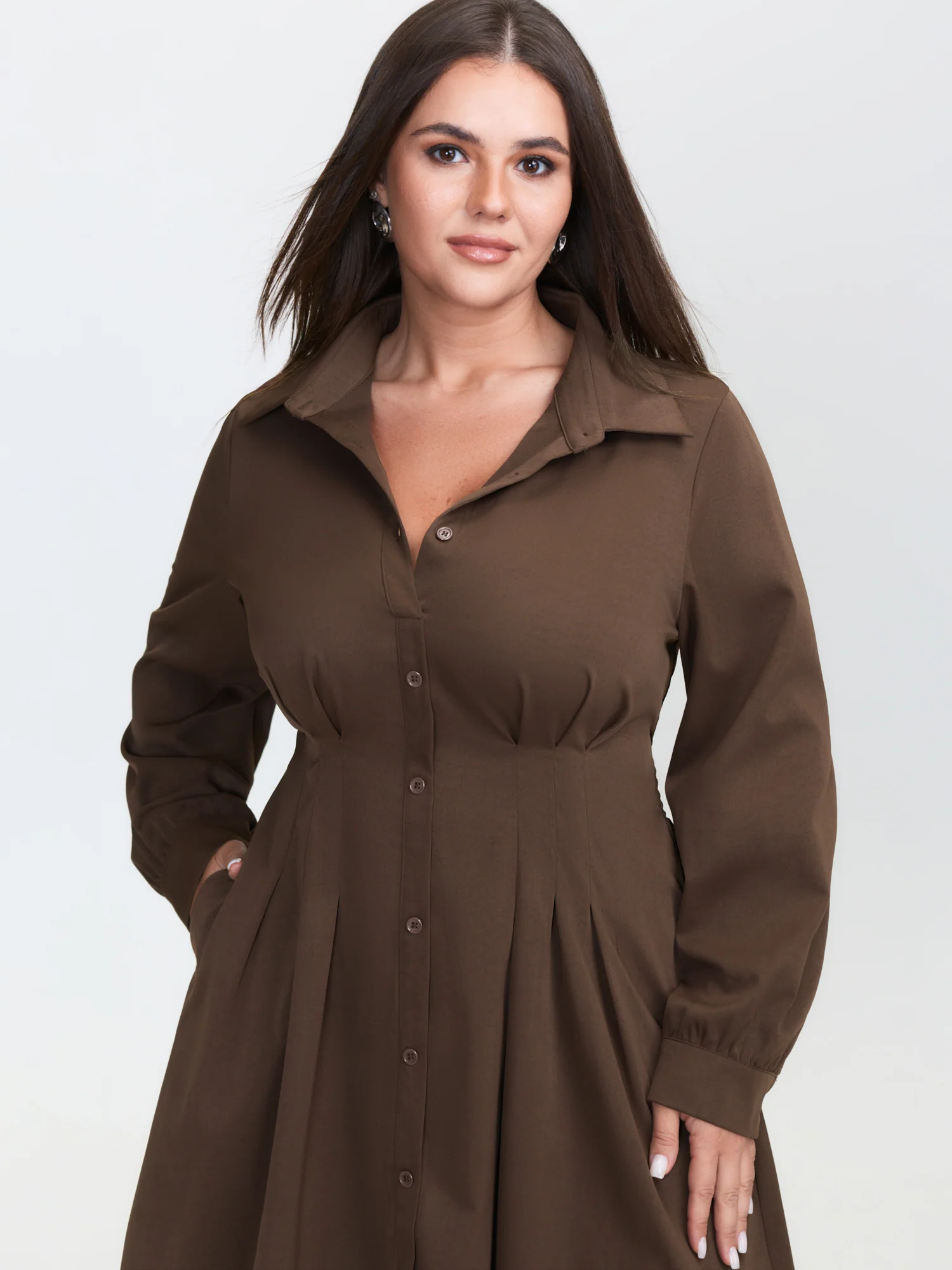 Plicated Cinched-Waist Shirt Midi Dress - Image 3