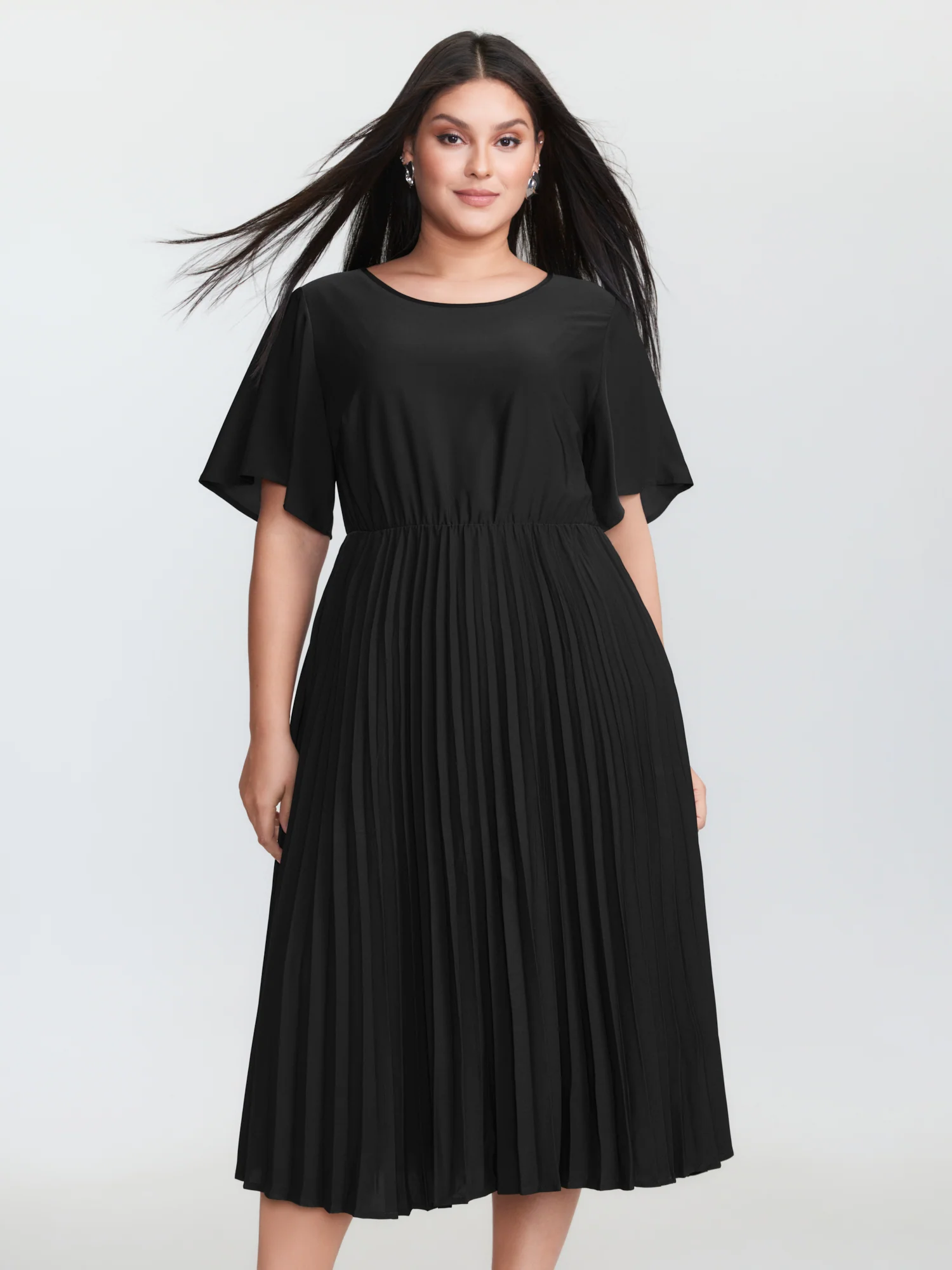 Plicated Detail Flared Sleeve Midi Dress