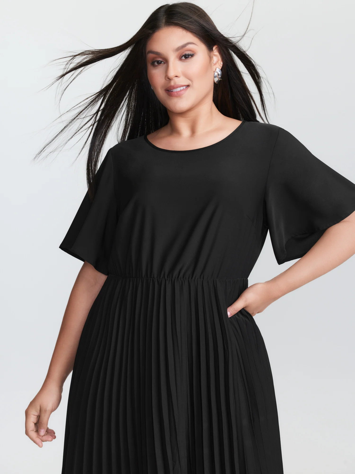 Plicated Detail Flared Sleeve Midi Dress - Image 2