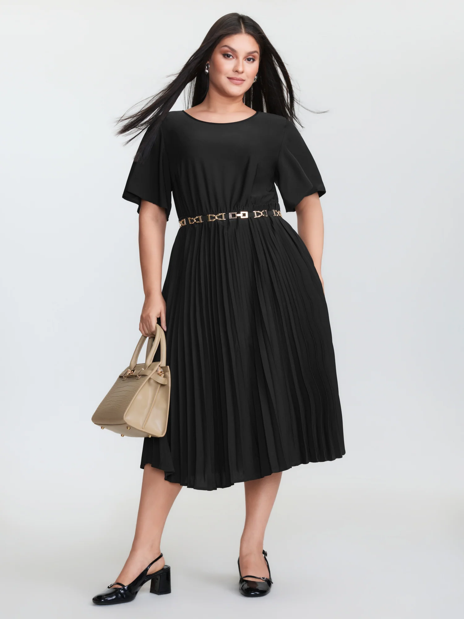 Plicated Detail Flared Sleeve Midi Dress - Image 3