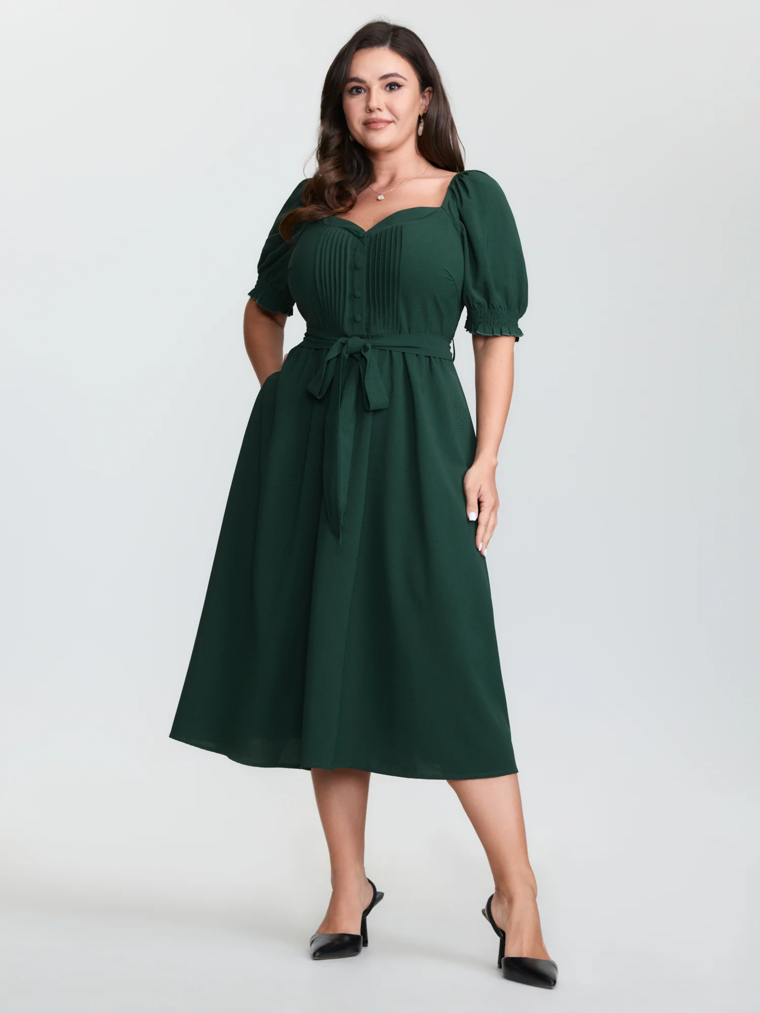 Plicated Detail Sweetheart Neck Pockets Belted Midi Dress - Image 3