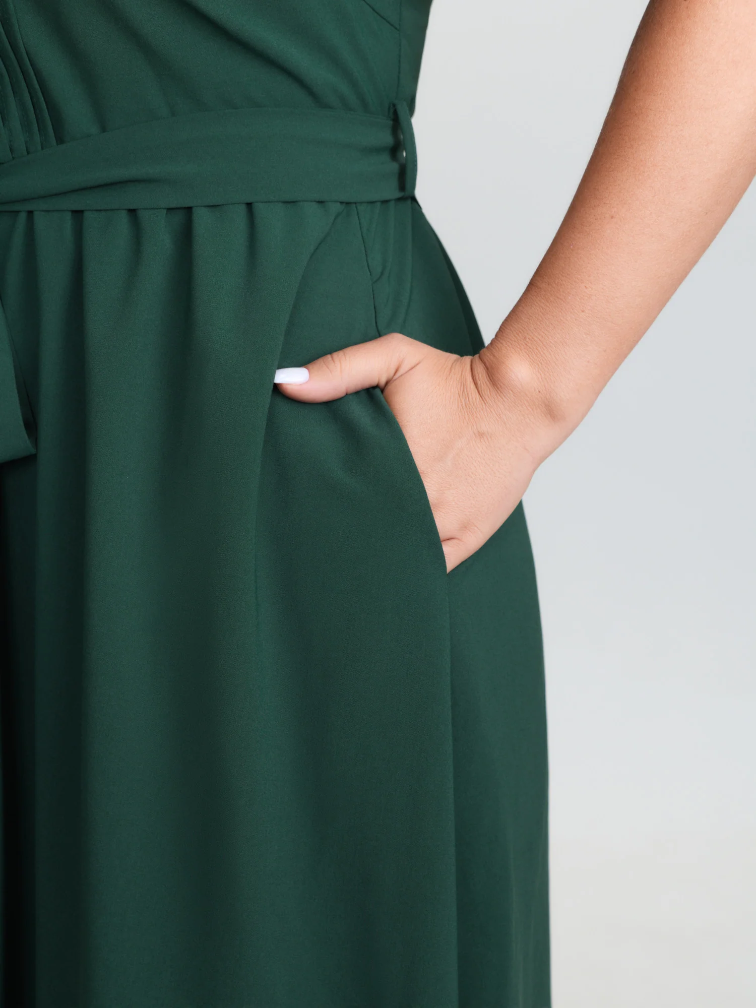 Plicated Detail Sweetheart Neck Pockets Belted Midi Dress - Image 4