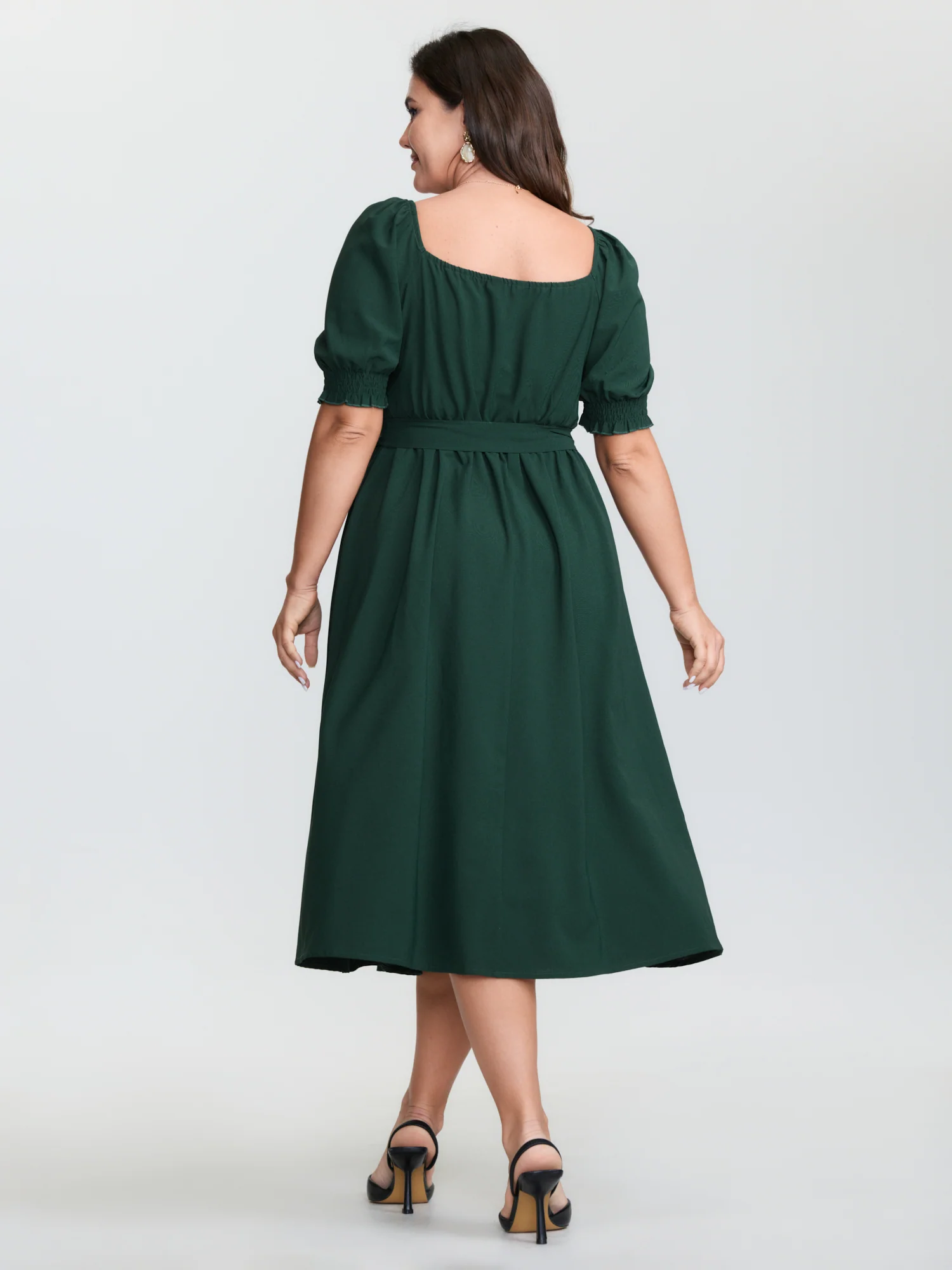Plicated Detail Sweetheart Neck Pockets Belted Midi Dress - Image 5