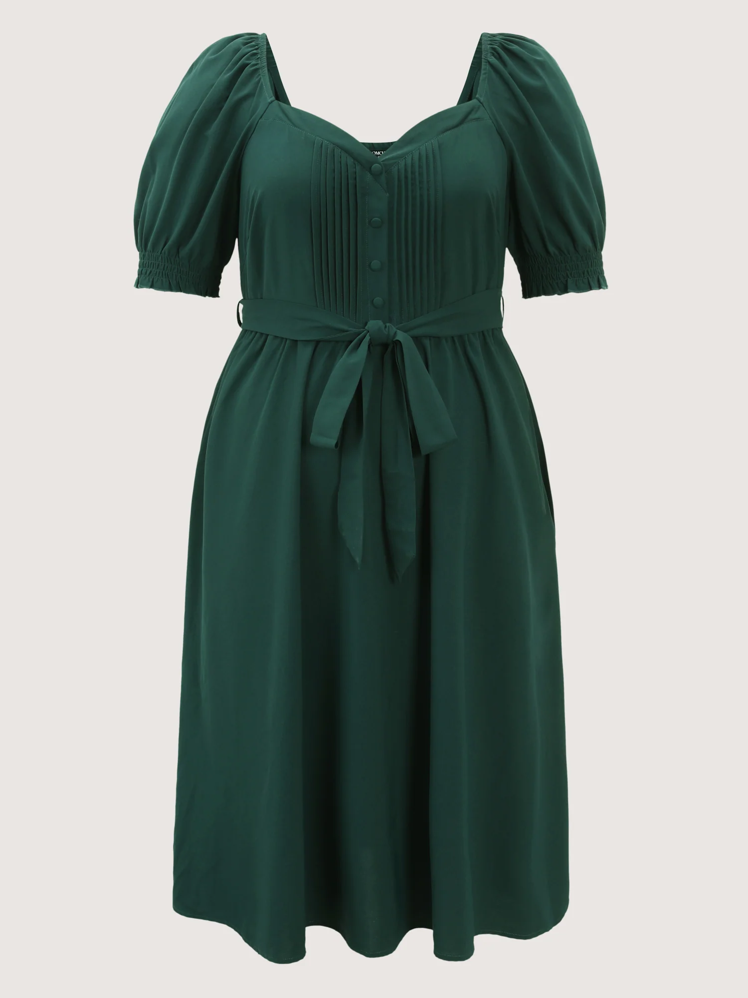 Plicated Detail Sweetheart Neck Pockets Belted Midi Dress - Image 8
