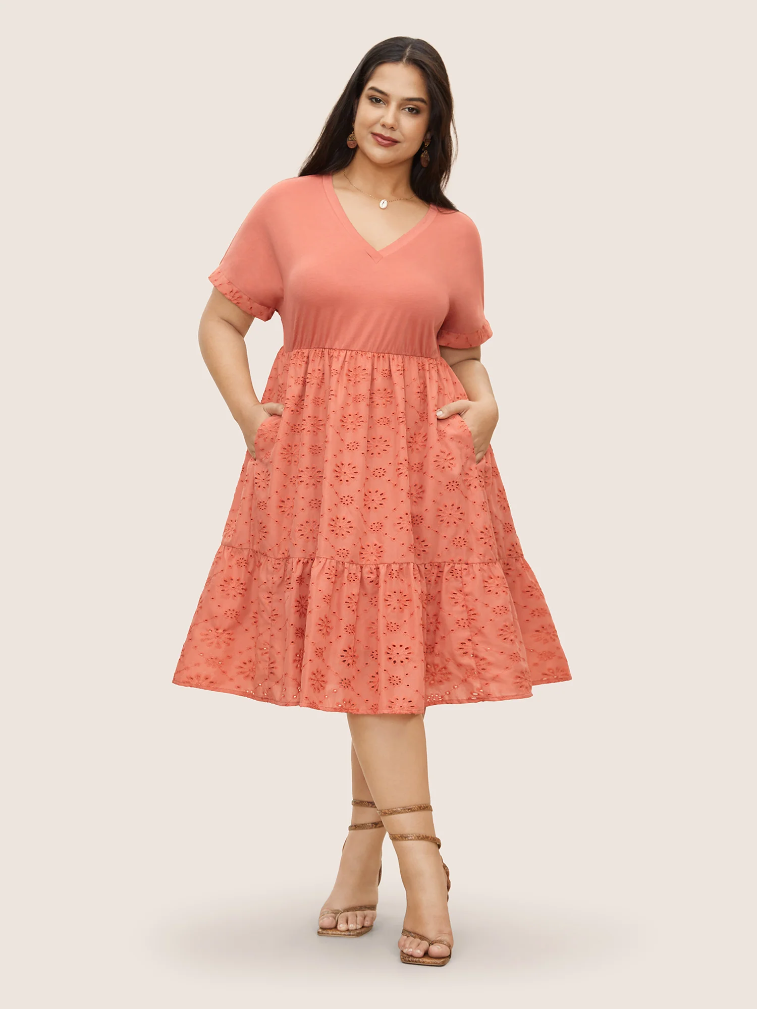Plisse Broderie Anglaise Patchwork Ruffle Hem Dress - Image 2