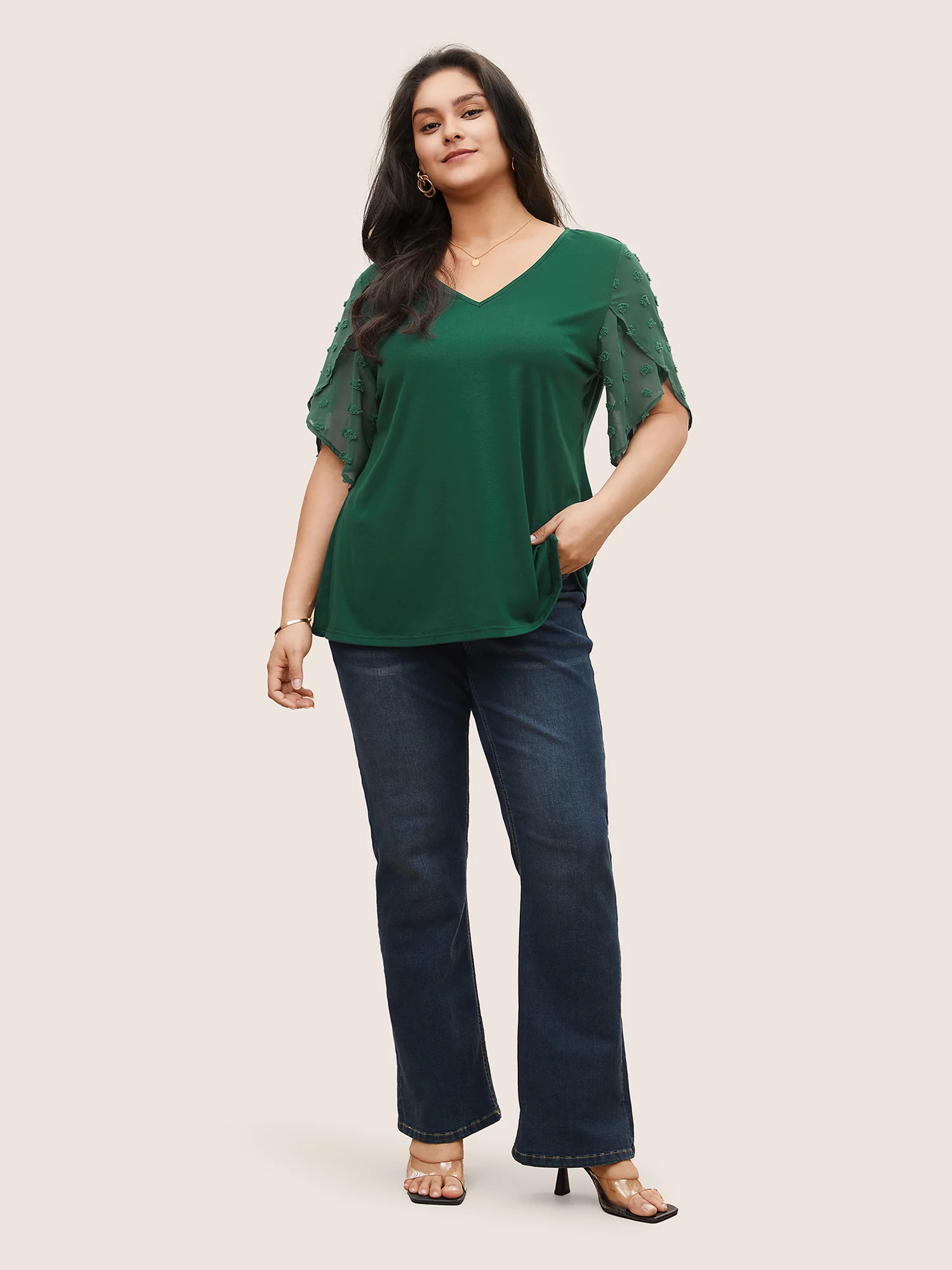 Plisse Chiffon Patchwork Petal Sleeve T-shirt - Image 3