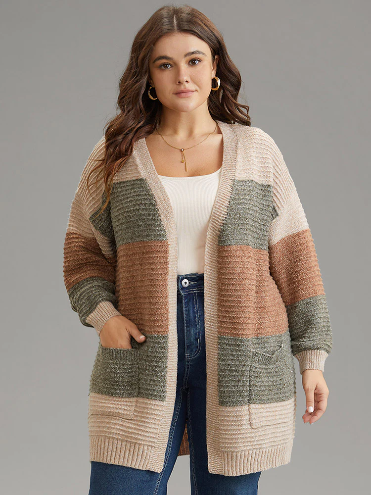 Plisse Colorblock Patched Pocket Open Front Cardigan - Image 3