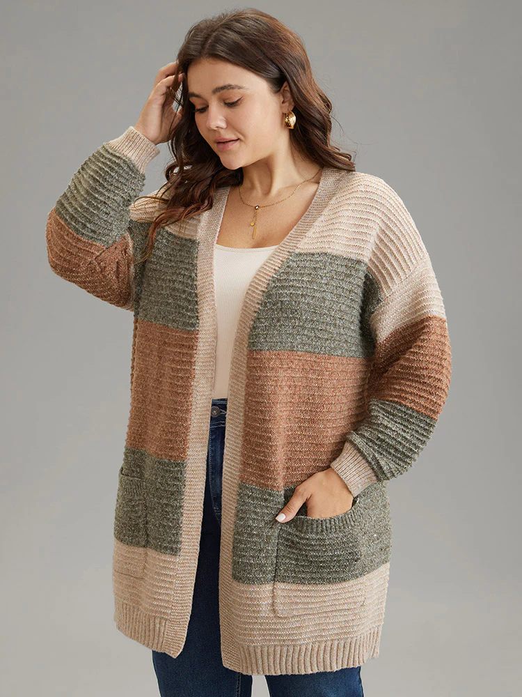 Plisse Colorblock Patched Pocket Open Front Cardigan - Image 4