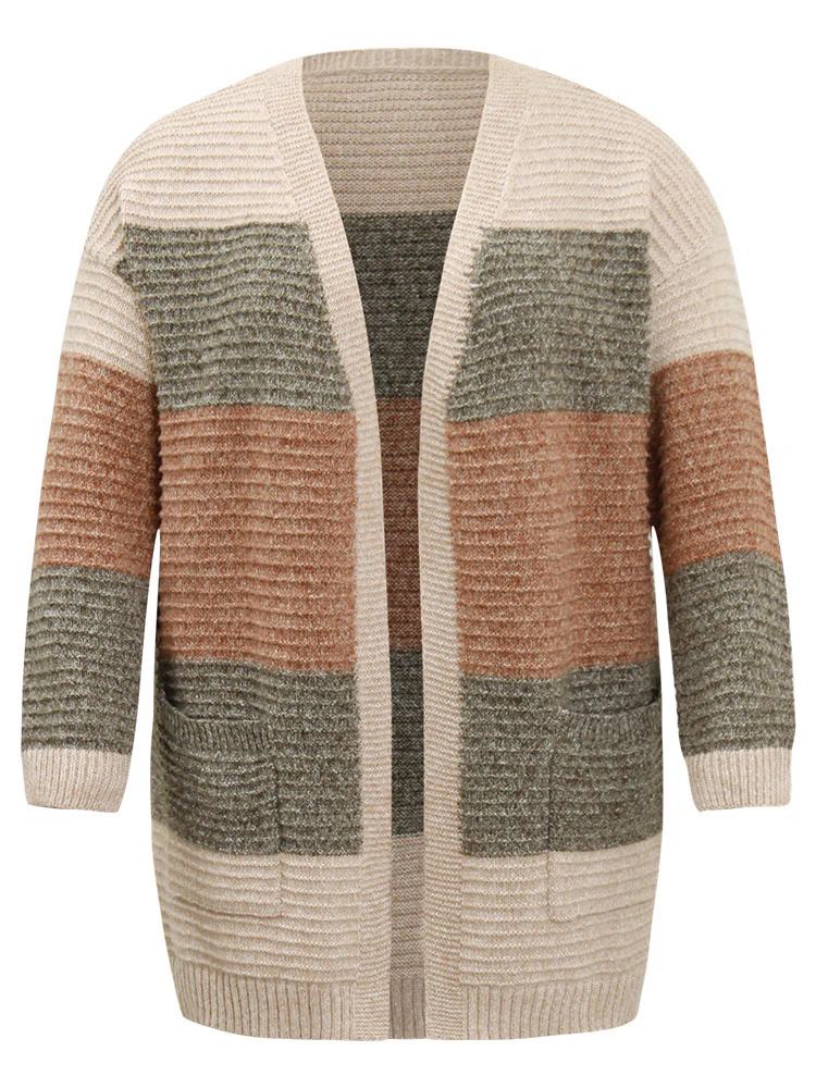 Plisse Colorblock Patched Pocket Open Front Cardigan - Image 7