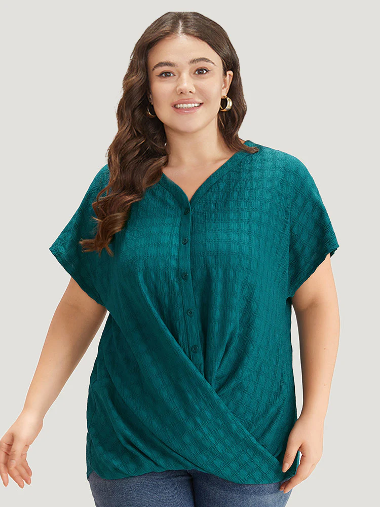Plisse Crossover Button Up Batwing Sleeve T-shirt - Image 2