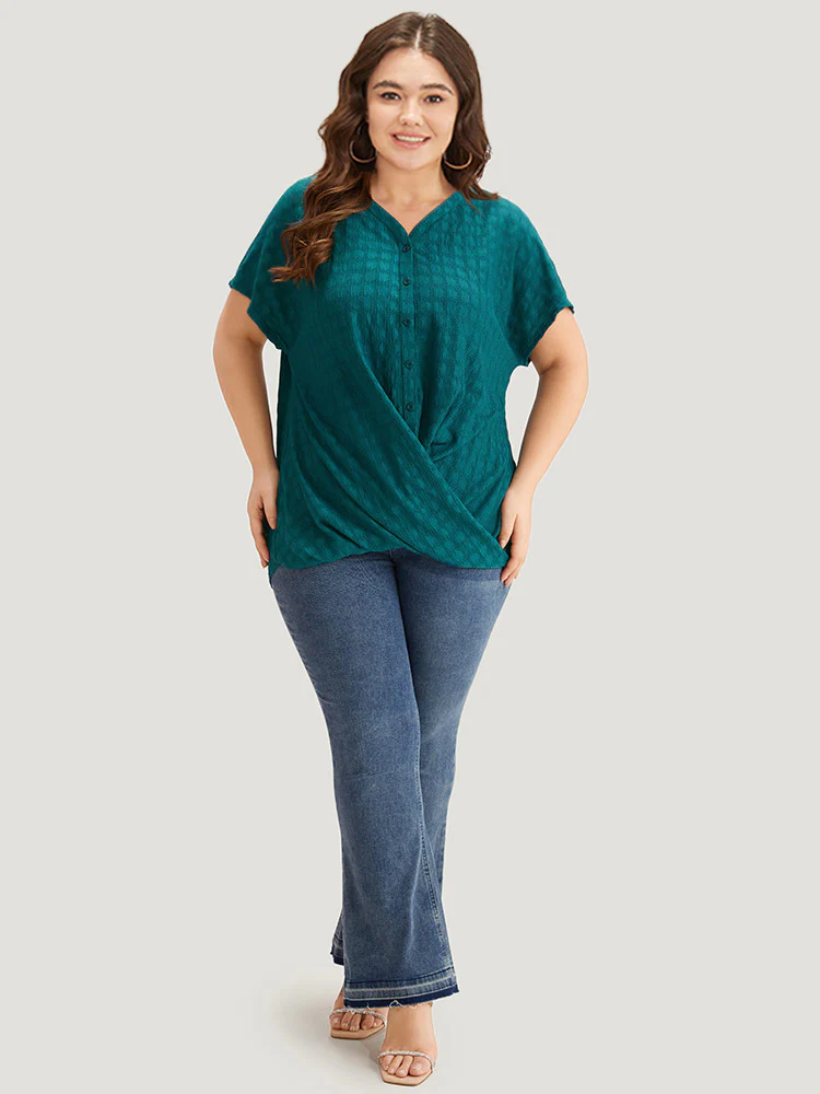 Plisse Crossover Button Up Batwing Sleeve T-shirt - Image 4