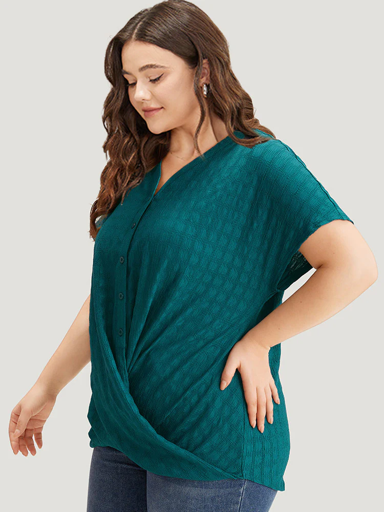 Plisse Crossover Button Up Batwing Sleeve T-shirt - Image 5