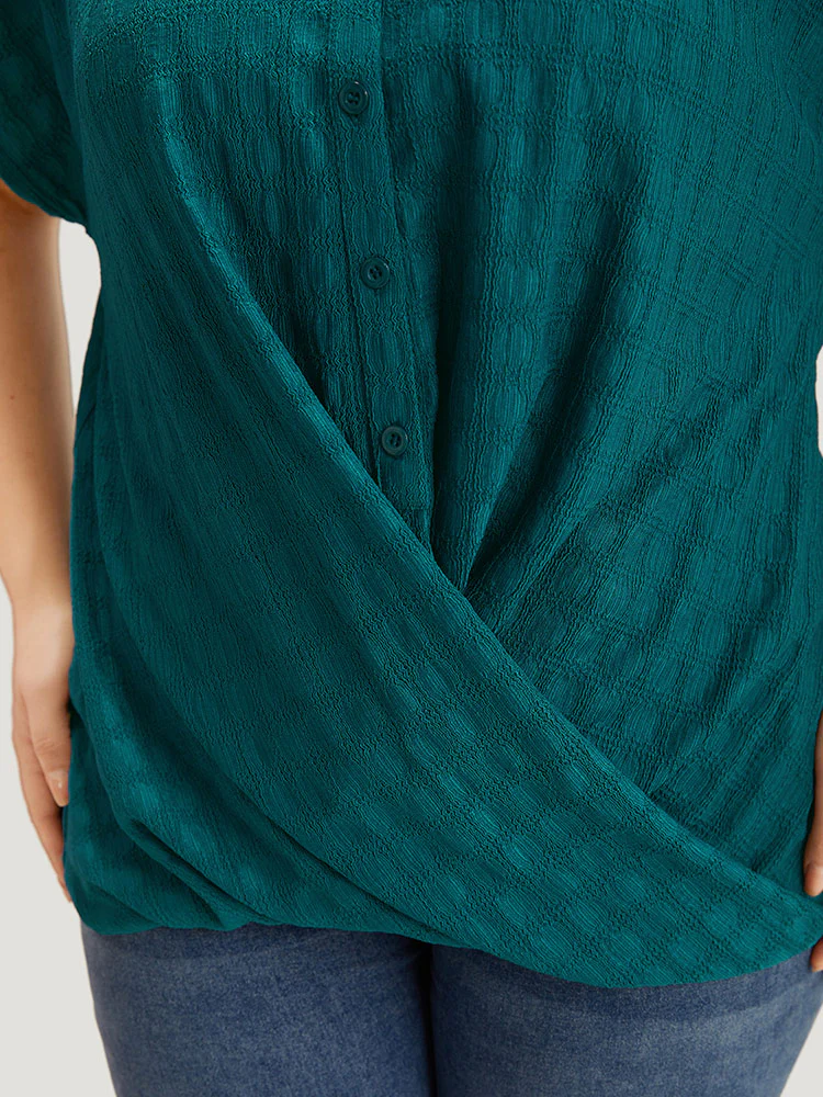 Plisse Crossover Button Up Batwing Sleeve T-shirt - Image 7