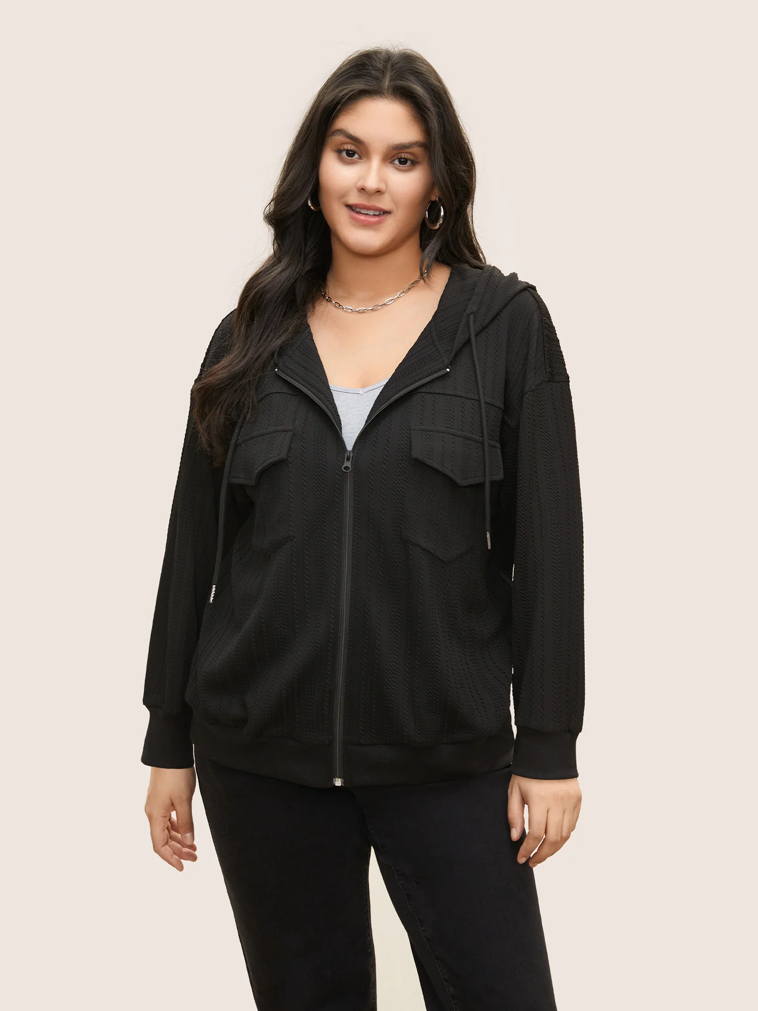 Plisse Drawstring Hooded Flap Pocket Front Jacket