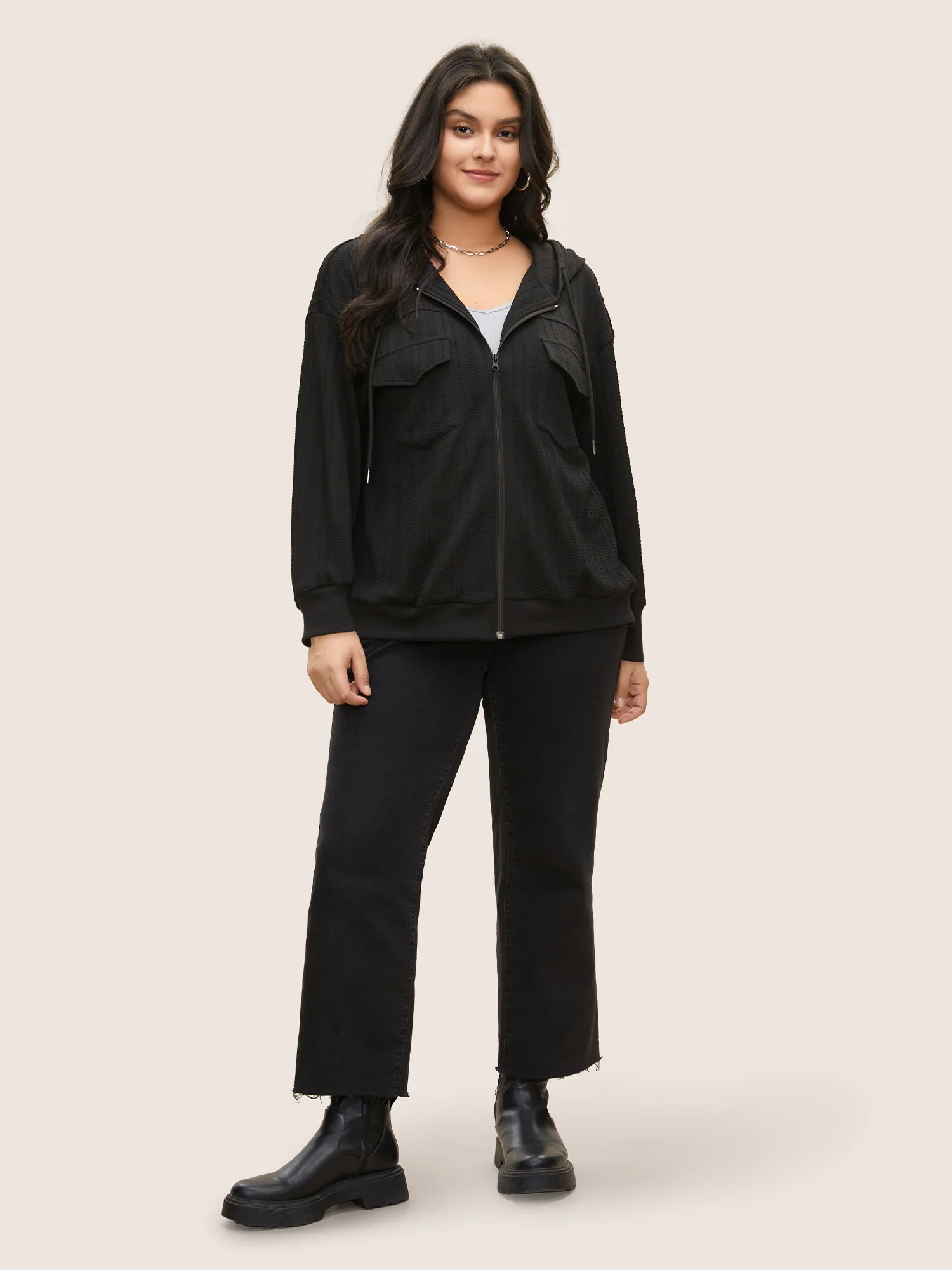 Plisse Drawstring Hooded Flap Pocket Front Jacket - Image 2