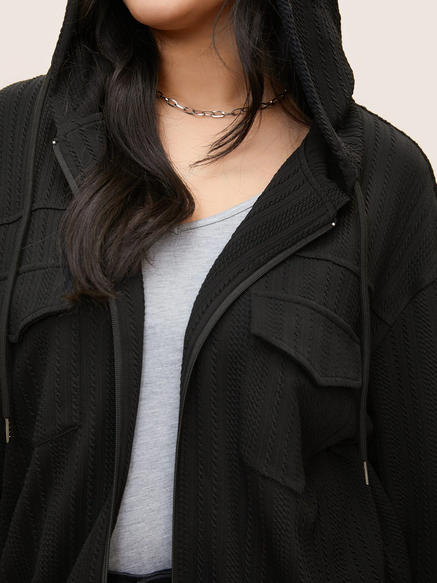 Plisse Drawstring Hooded Flap Pocket Front Jacket - Image 3