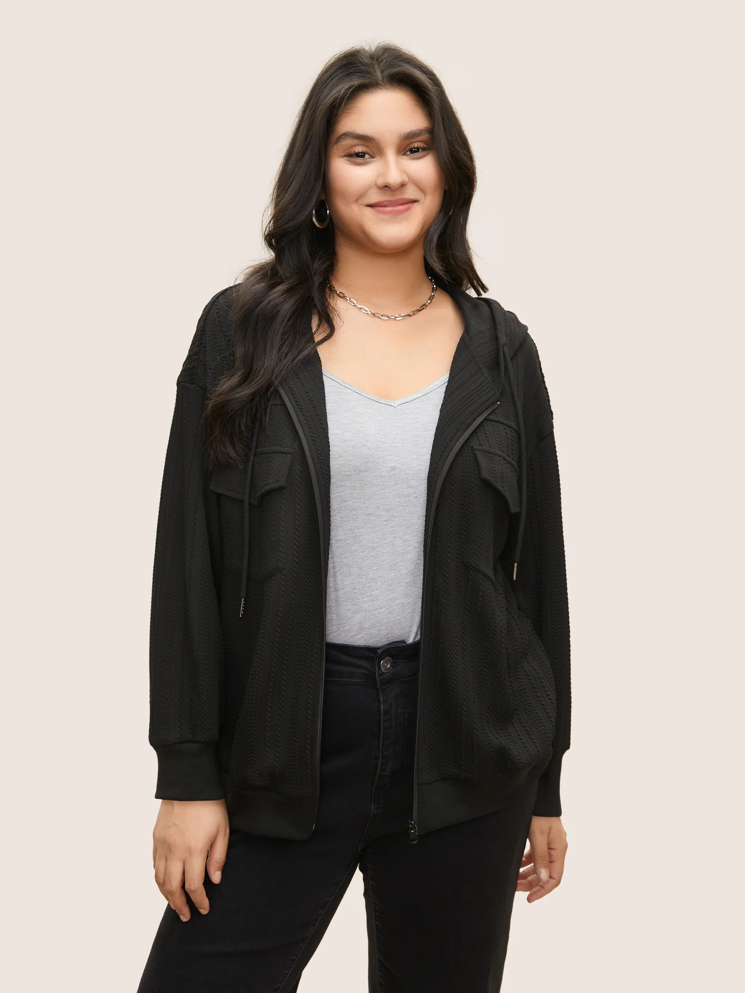 Plisse Drawstring Hooded Flap Pocket Front Jacket - Image 4
