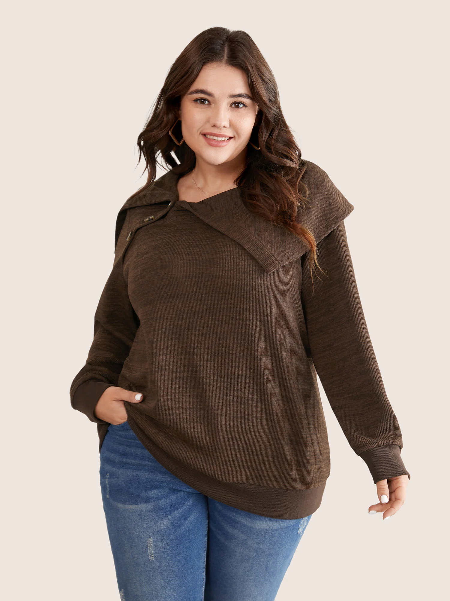 Plisse Lapel Collar Button Detail Sweatshirt - Image 2