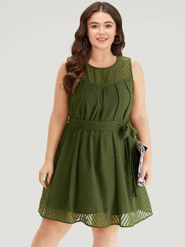 Plisse Mesh Patchwork Belted Pleated Dress - Image 5
