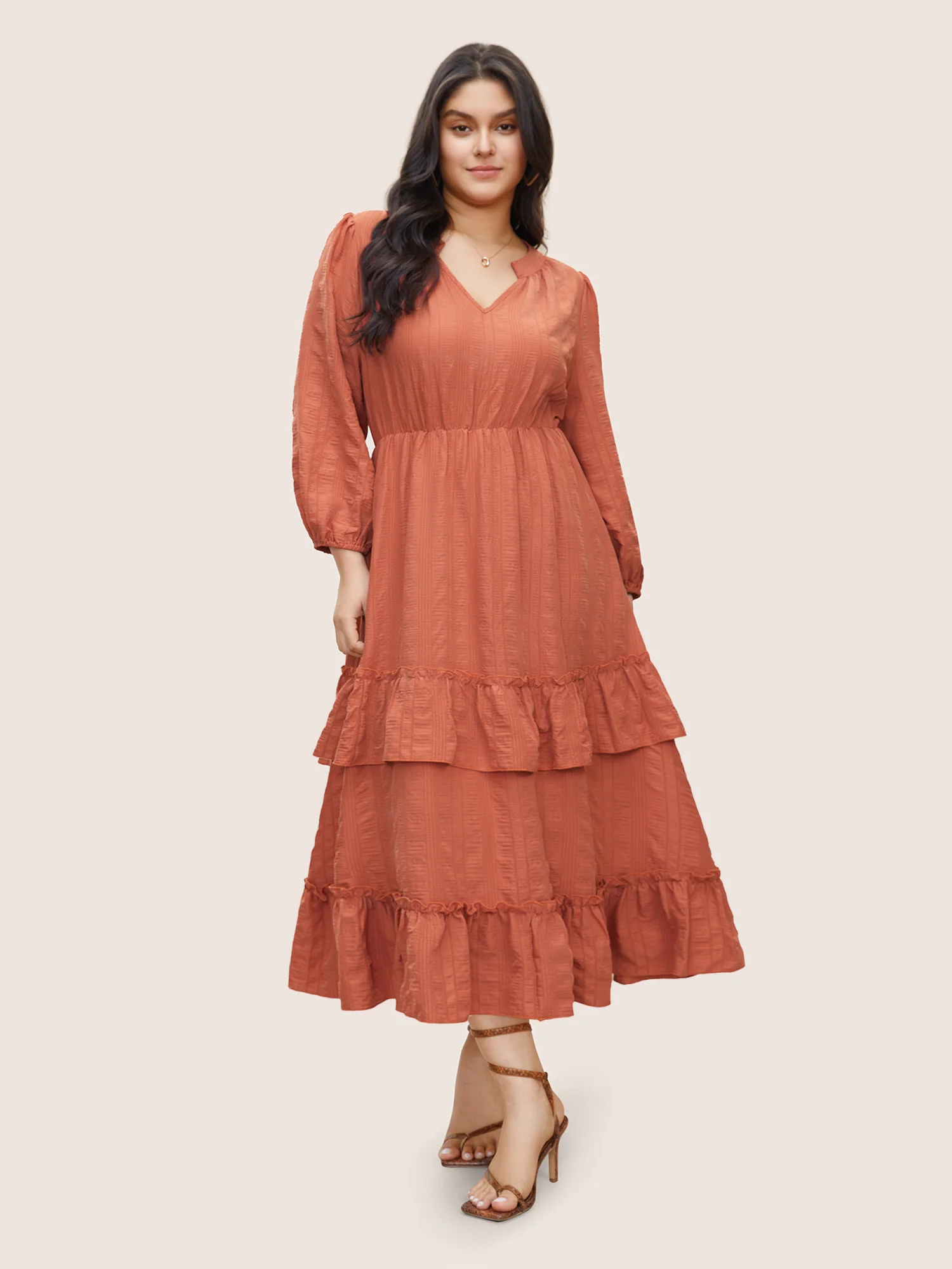 Plisse Notched Ruffle Trim Layered Hem Dress - Image 2