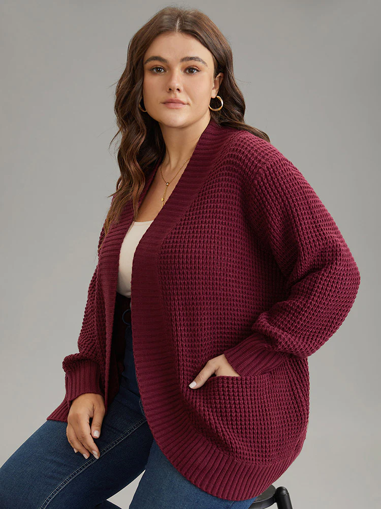 Plisse Patched Pocket Curved Hem Open Front Cardigan - Image 3