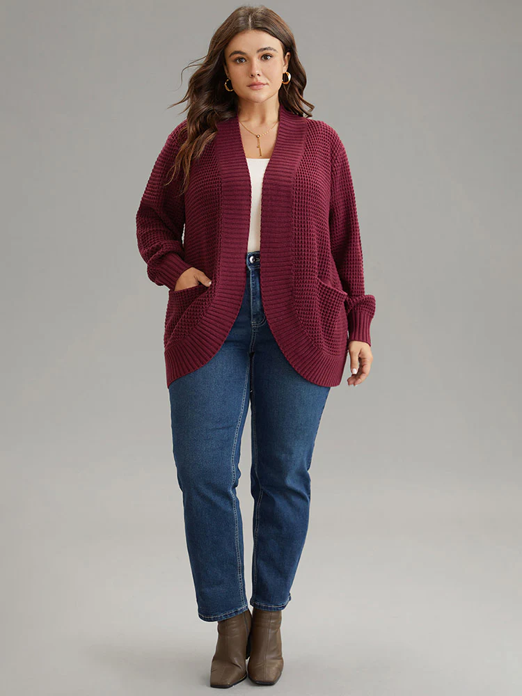 Plisse Patched Pocket Curved Hem Open Front Cardigan - Image 4