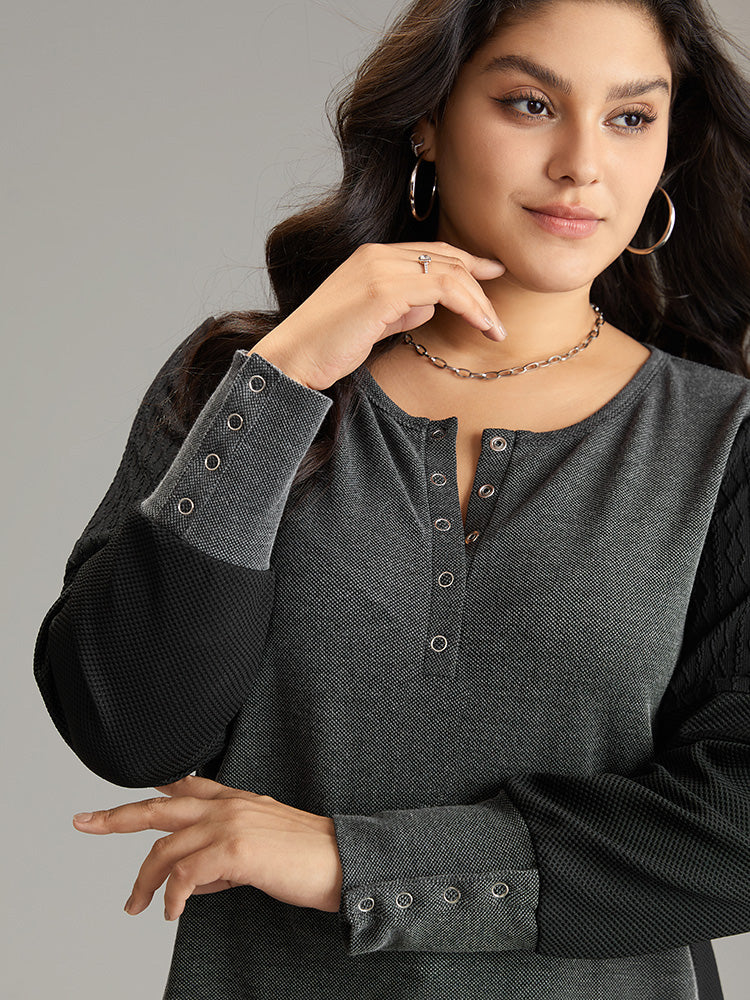 Plisse Patchwork Two Tone Button Up T-shirt - Image 2