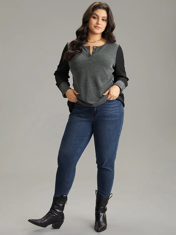 Plisse Patchwork Two Tone Button Up T-shirt - Image 3