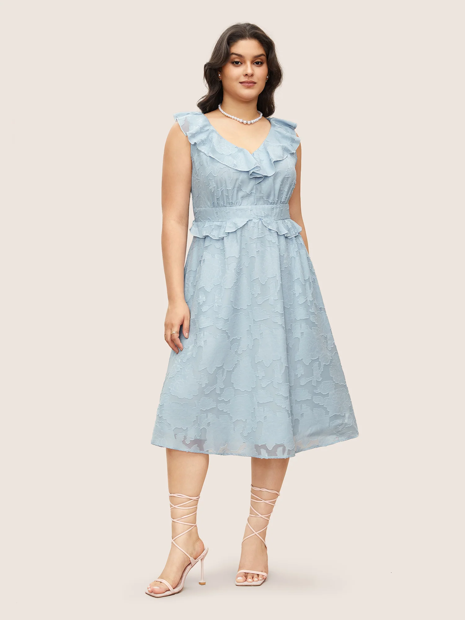 Plisse Ruffle Trim Gathered Sleeveless Dress - Image 3