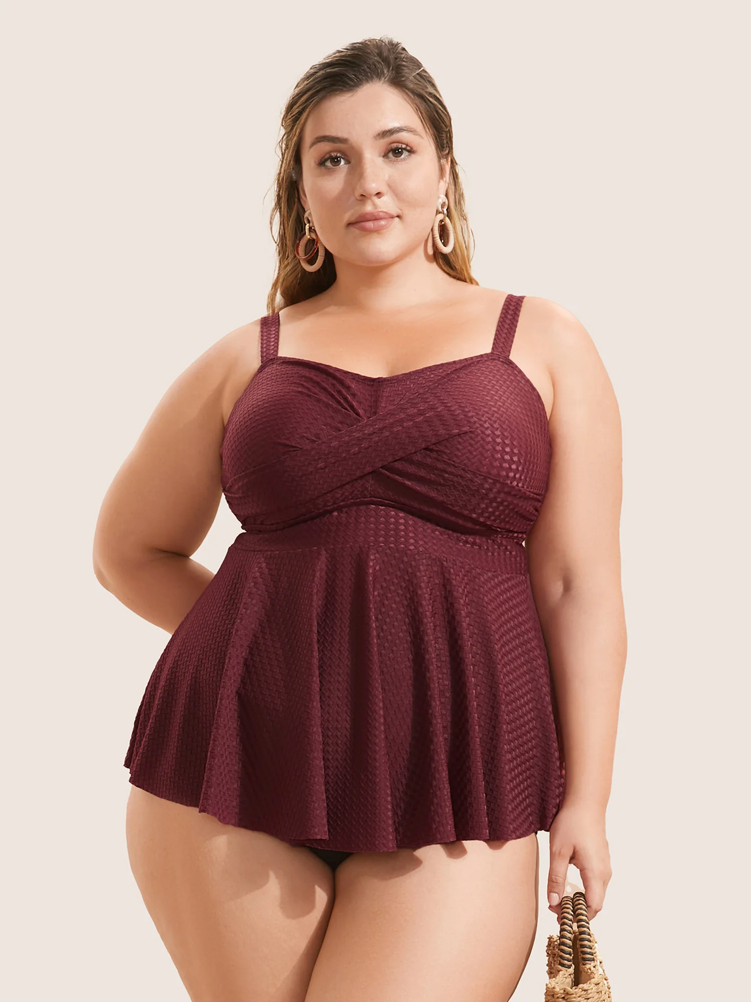 Plisse Solid Crossover A Line Swim Top