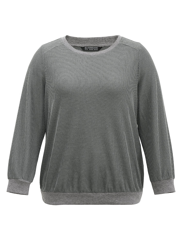 Plisse Solid Elastic Hem Crew Neck Sweatshirt - Image 5